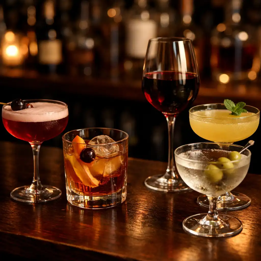 Crafted cocktails and a glass of wine on the bar at Midnight Poker House.