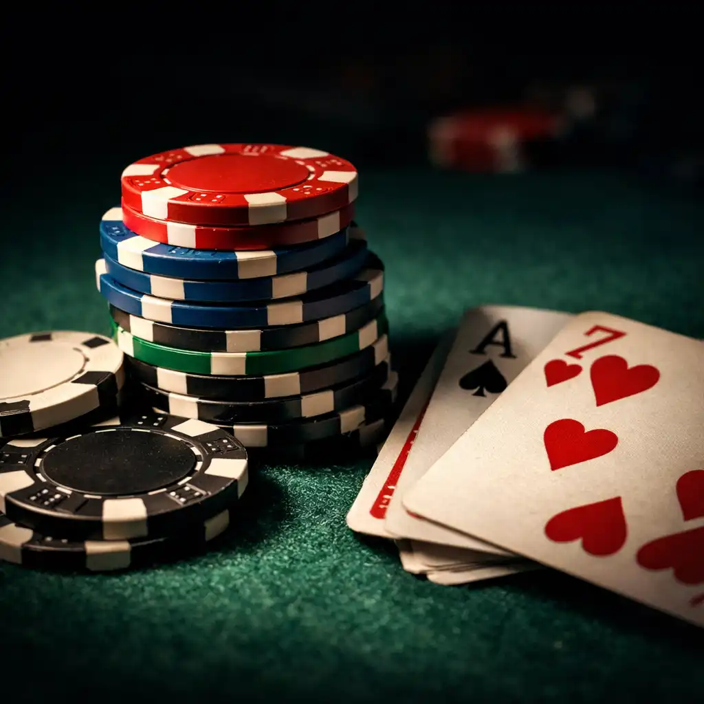 Close-up of poker chips and playing cards on a felt table