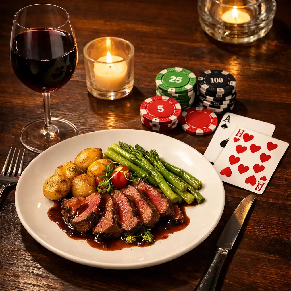 Table setting with a gourmet meal, wine glass, and poker chips
