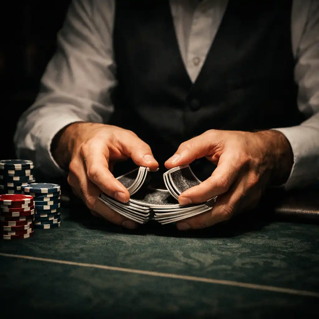 Professional poker dealer's hands shuffling cards at a premium poker table under dramatic lighting
