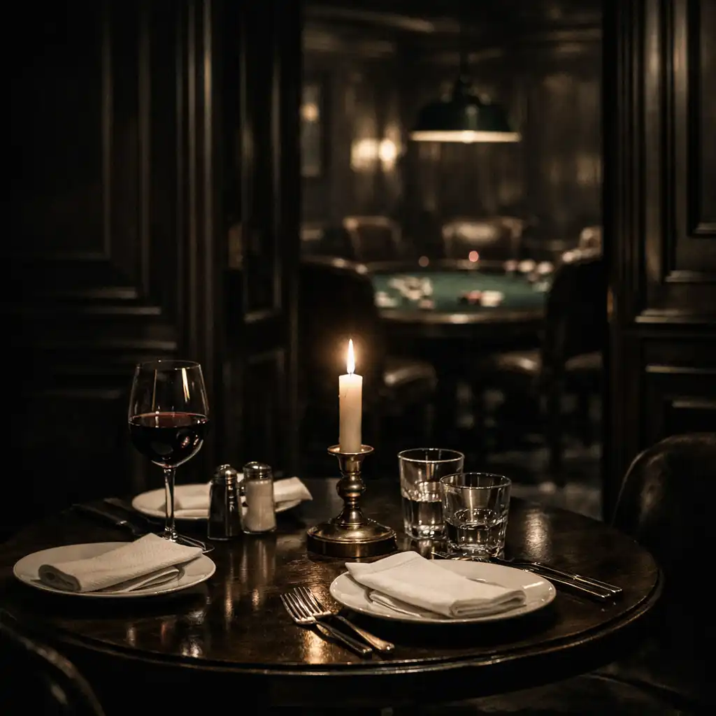 Elegant dining setup adjacent to the poker salon with dark wood, white linen, candlelight, and a glass of red wine