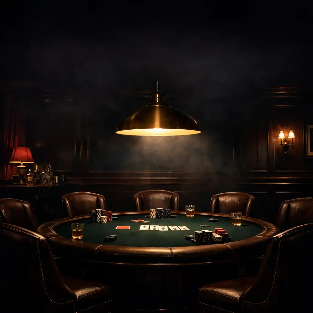 Intimate, low-lit high roller poker salon with a single premium table, dark timber panelling, and subtle crimson accents
