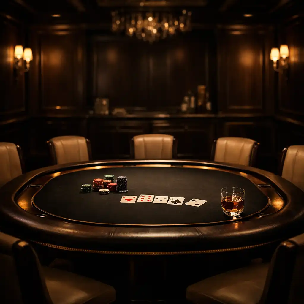 Private high roller salon with a single poker table and leather chairs