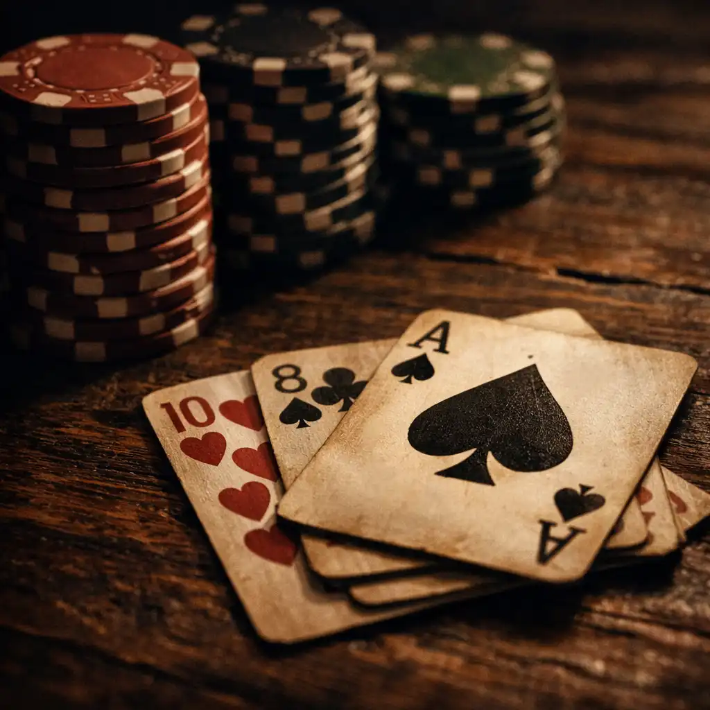 Close-up of premium poker chips and playing cards on a dark wooden table, evoking the tactile focus of offline poker