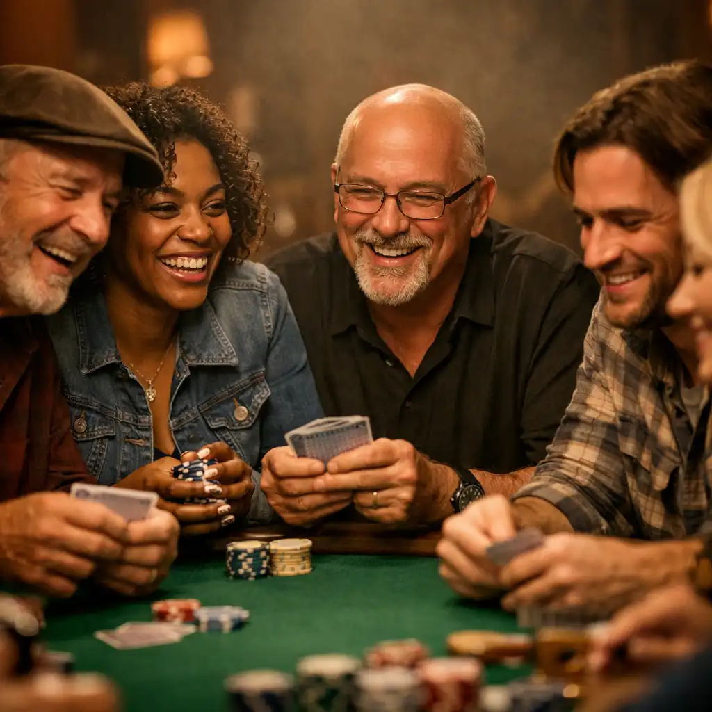 A diverse group of adult players enjoying a warm, social game around a poker table at Midnight Poker House