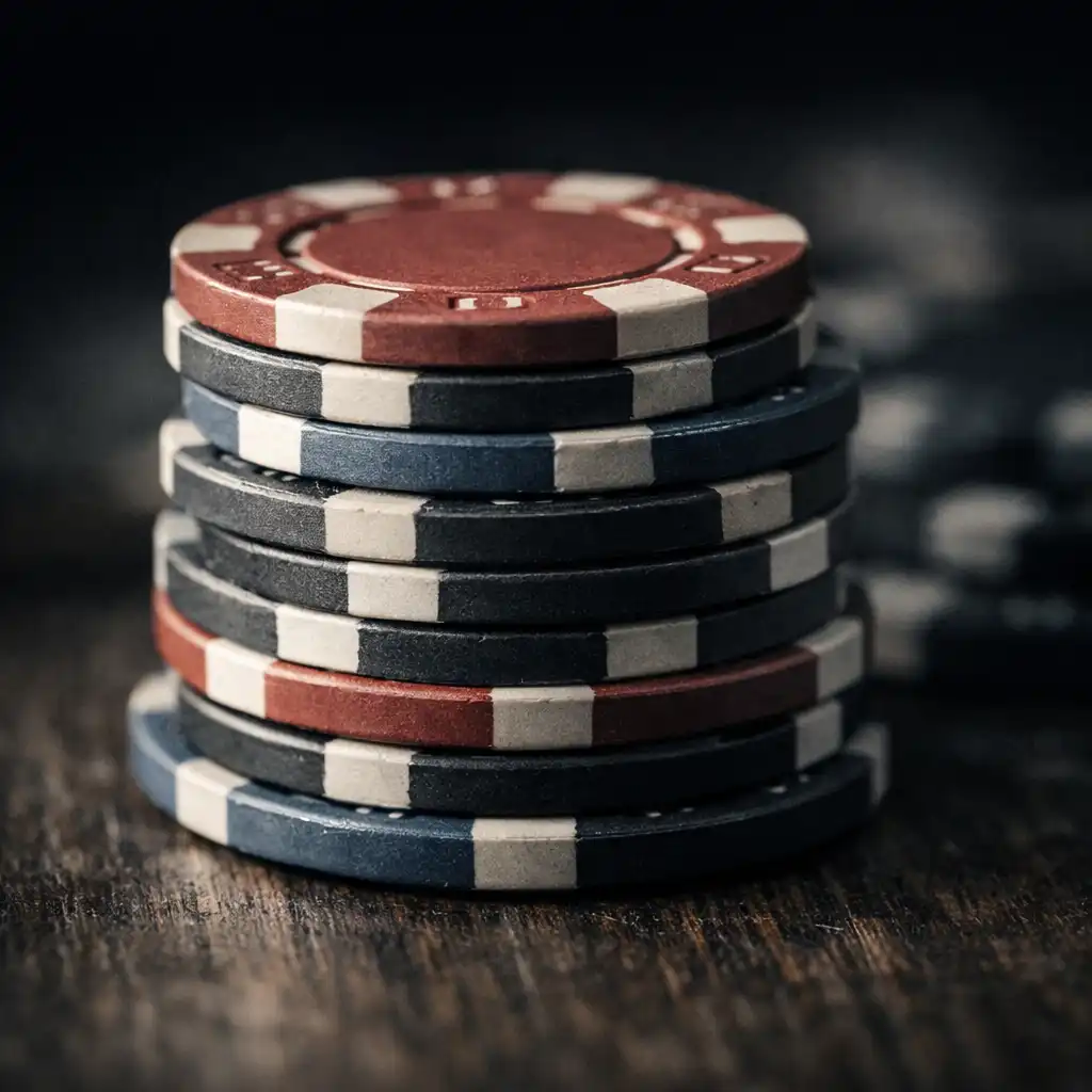 Macro shot of a stack of poker chips in red, blue, and black on a dark wooden table