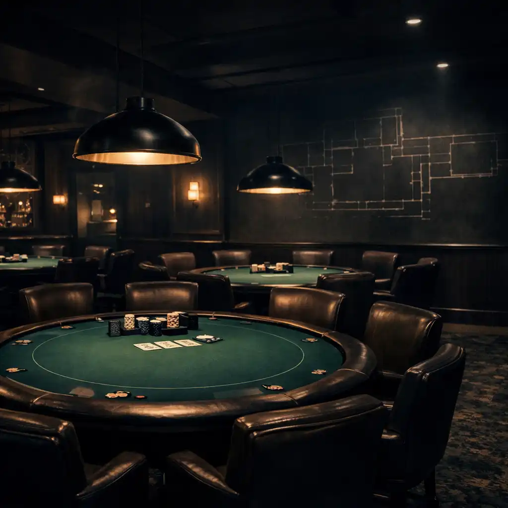 The Midnight Poker House poker room with round tables, leather chairs, and warm pendant lighting.