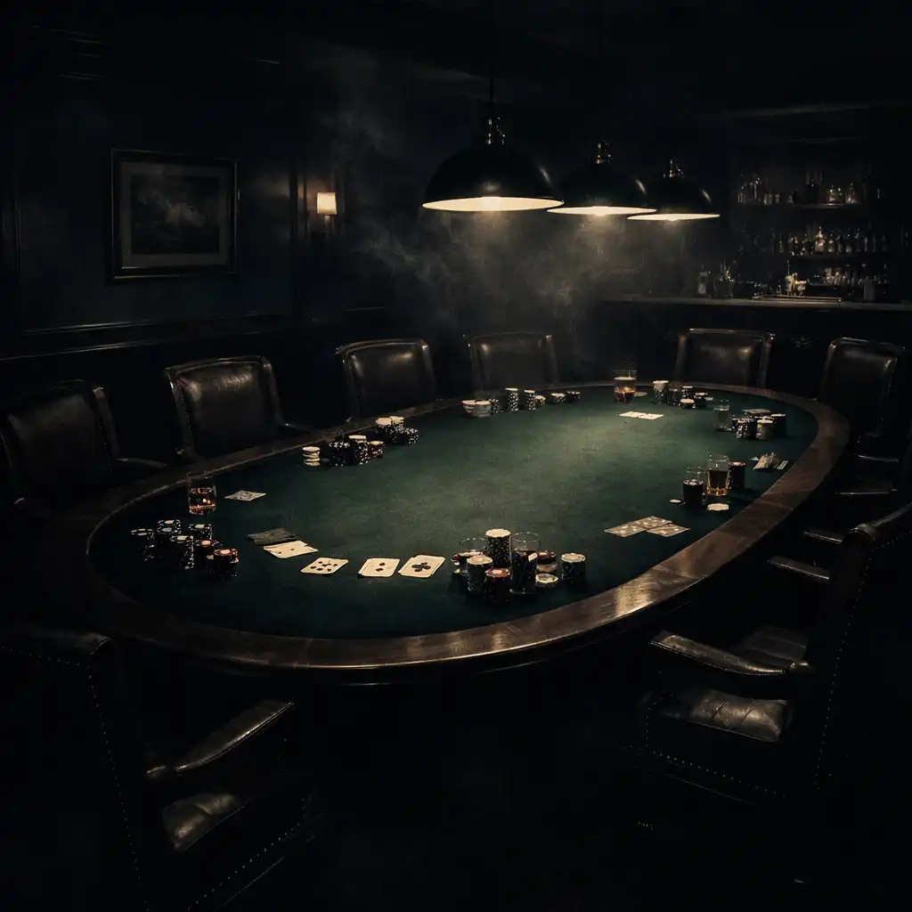 Cinematic wide shot of the Midnight Poker House card room with a green felt table, leather chairs, and low-key pendant lighting