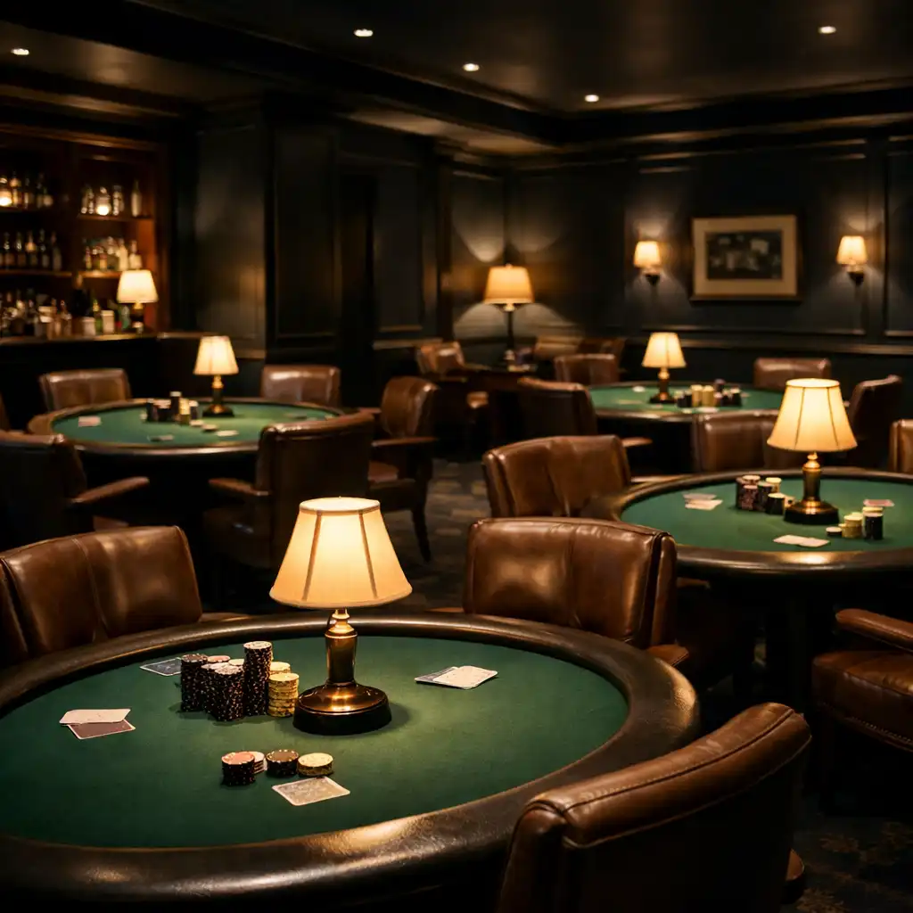 Dimly lit poker room interior with round felt tables and leather chairs