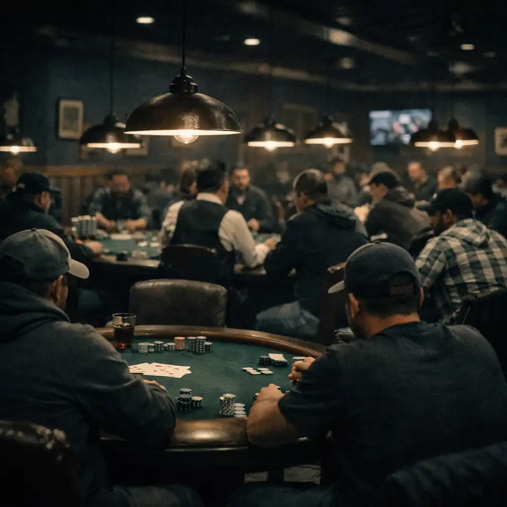 Wide-angle view of the poker room with several occupied tables, warm pendant lights, and dark blue walls