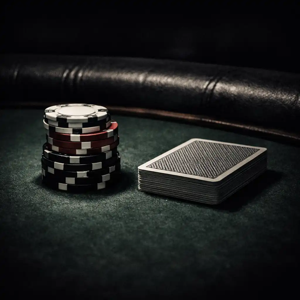 Close-up of a professional poker table surface with green felt, padded rail, and a neat stack of chips