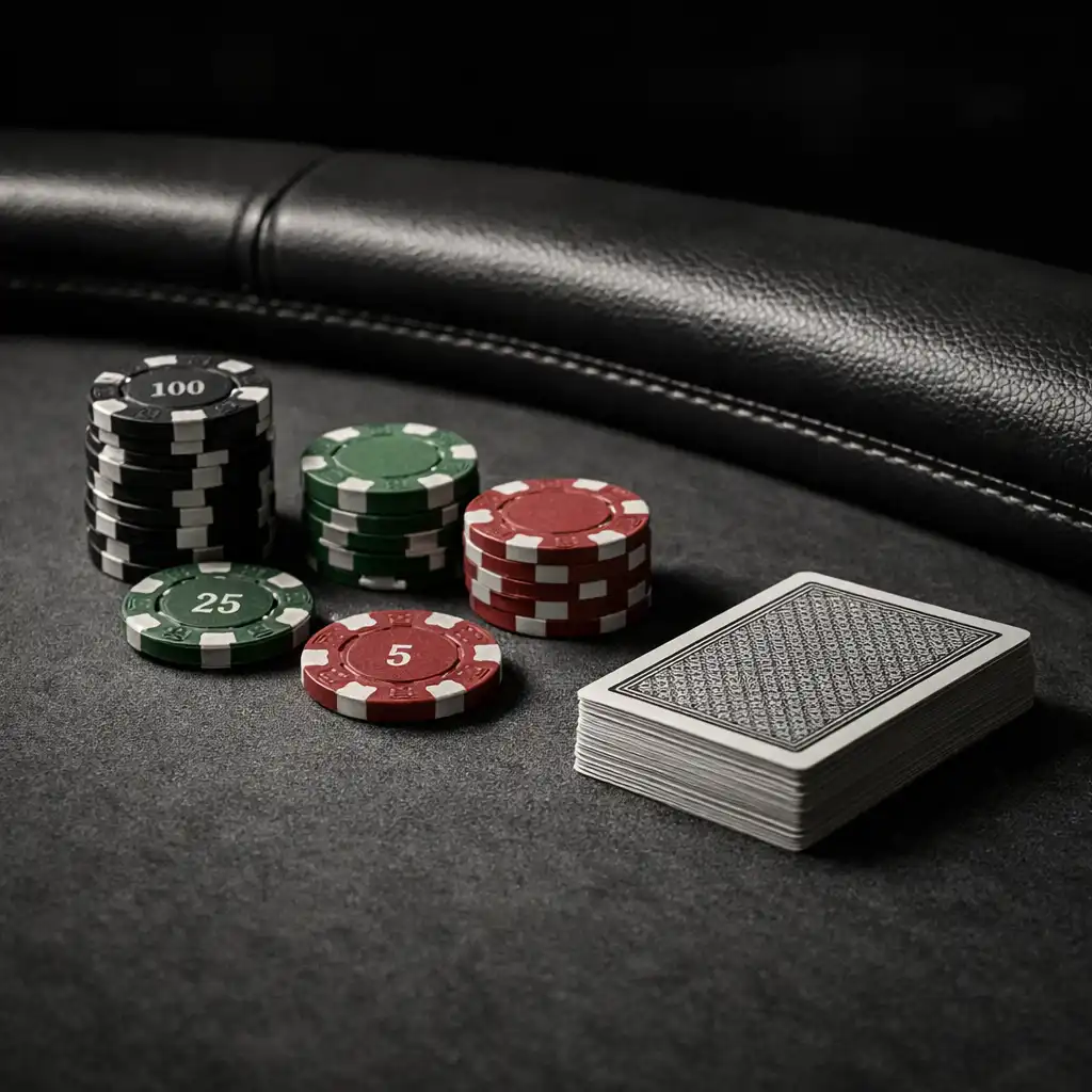 Close-up of a poker table surface showing premium felt and padded rail