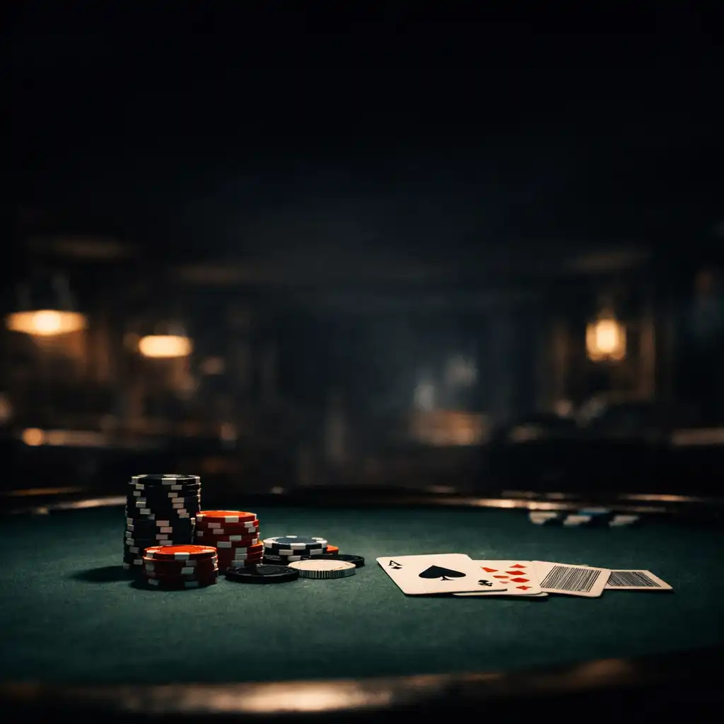 A professional poker table in low light with chips and cards, setting the mood for Midnight Poker House poker nights.