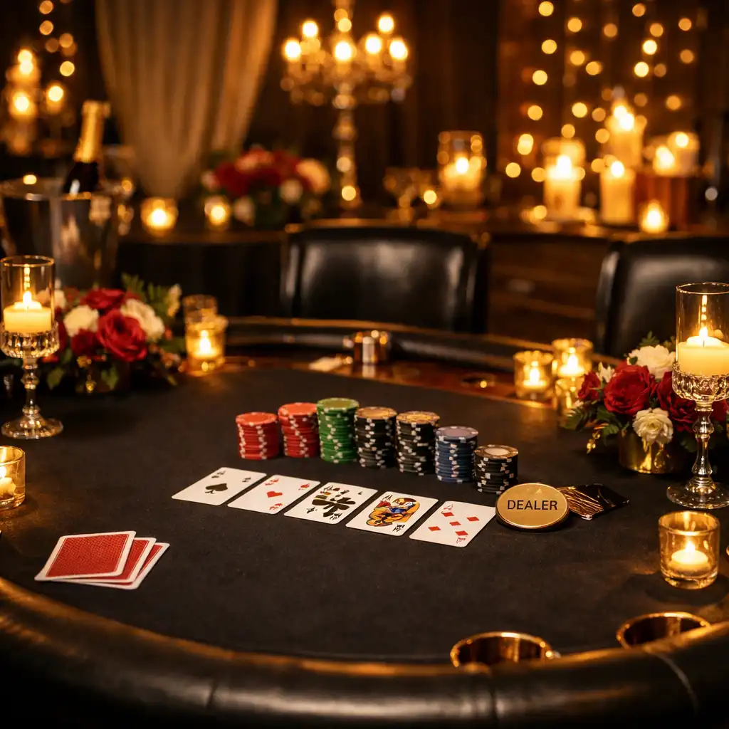 Elegantly dressed private poker event table with chips and cards