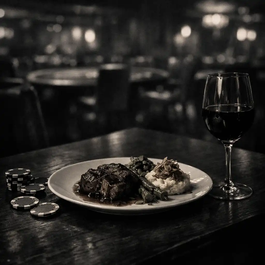 A dimly lit restaurant table with a plate of gourmet food, a glass of red wine, and poker chips scattered nearby