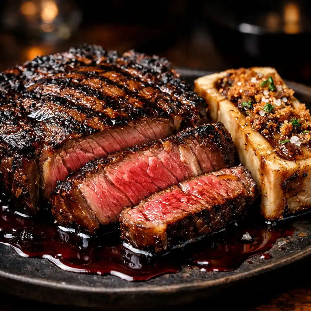 Chargrilled ribeye steak with roasted bone marrow and red wine jus