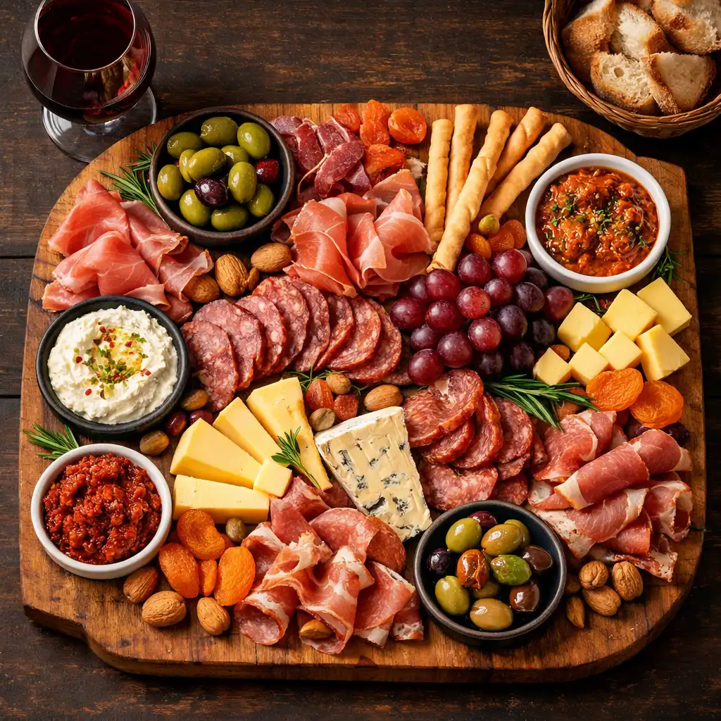 A wooden board filled with cured meats, cheeses, olives, and dips