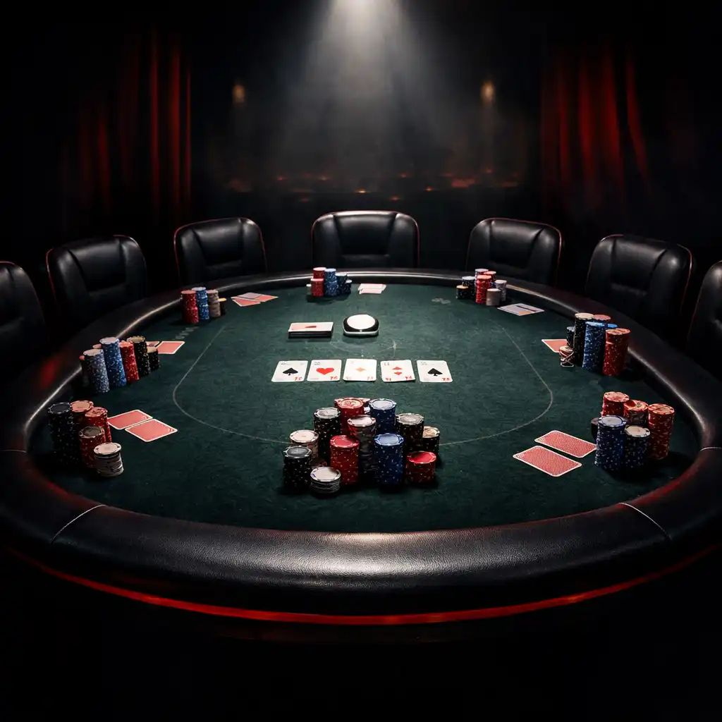 Dramatic final table setup with nine chairs and focused lighting