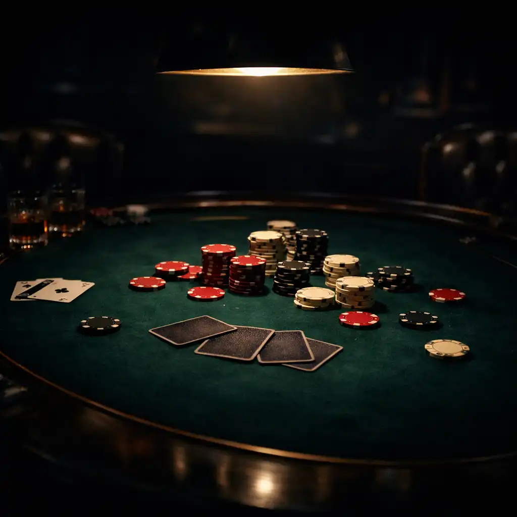 Cinematic poker table with chips and cards in a dark card room