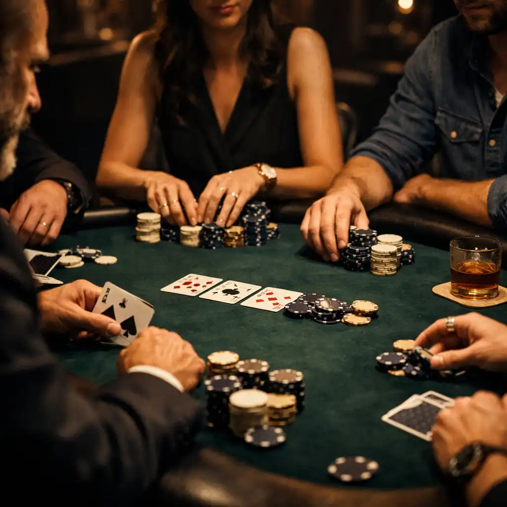 Players seated around a poker table in a dimly lit room