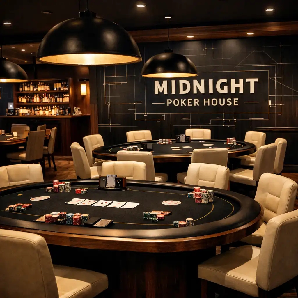 Interior of Midnight Poker House showing poker room and dining area